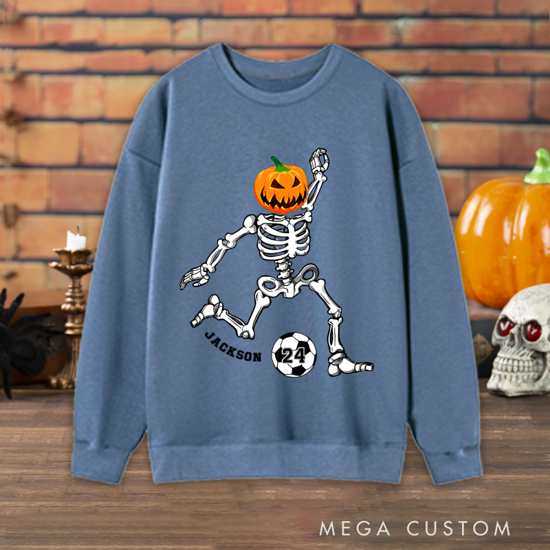 Personalized Halloween Sweatshirt with Skeleton, Pumpkin Head, Soccer Ball, Custom Name, and Number Design