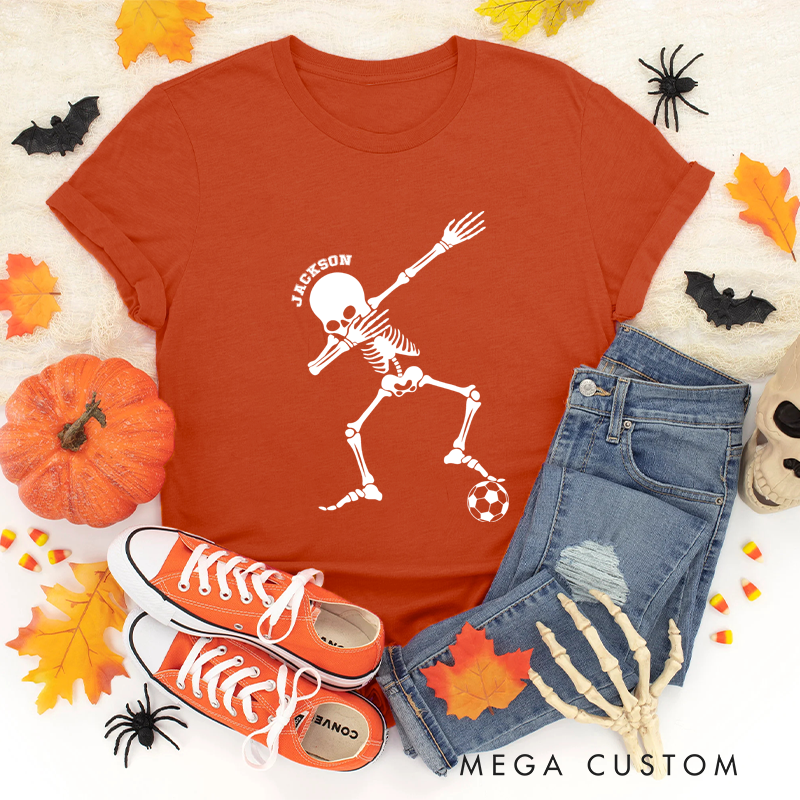 Personalized Halloween T-Shirt with Dabbing Skeleton, Soccer Ball, and Custom Name Design
