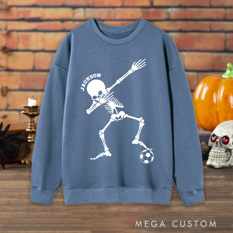 Personalized Halloween Sweatshirt with Dabbing Skeleton, Soccer Ball, and Custom Name Design
