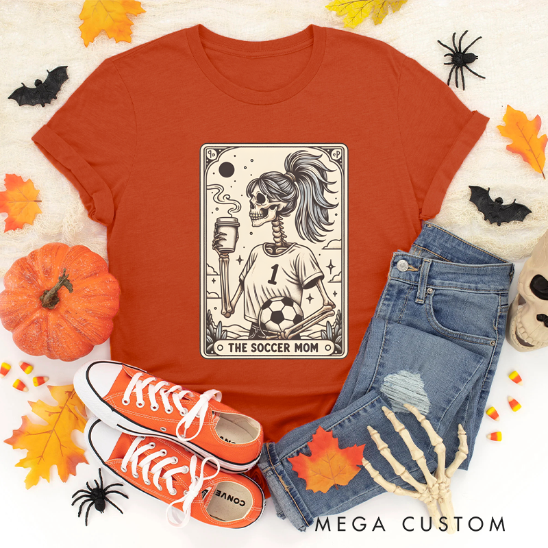 Personalized "The Soccer Mom" Halloween T-Shirt with Skeleton Tarot Card Design and Custom Number