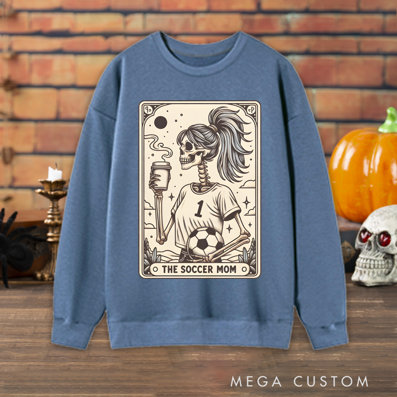 Personalized "The Soccer Mom" Halloween Sweatshirt with Skeleton Tarot Card Design and Custom Number
