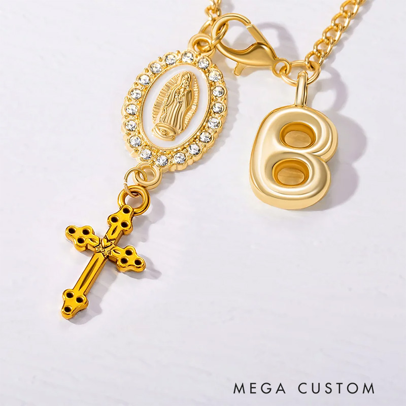 Personalized Zircon Virgin Mary and Cross Steering Wheel Rosary Charm with Bubble Initial Car Decor Prayer Safety Birthday Gift for Drivers Christians
