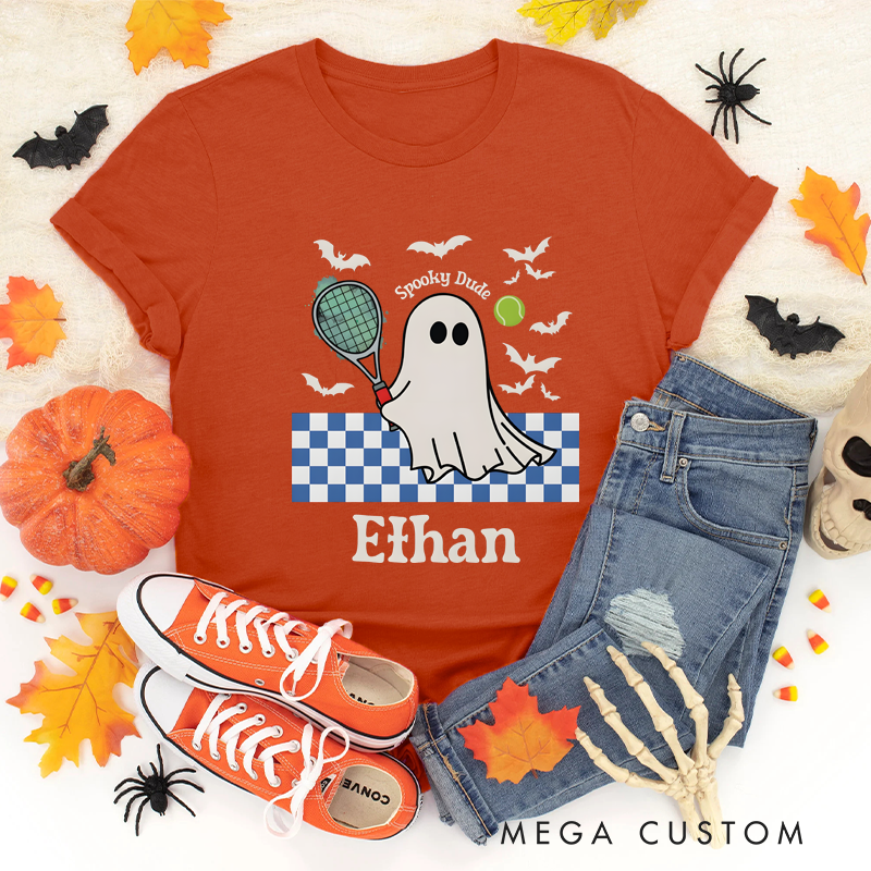 Personalized "Spooky Dude" Halloween T-Shirt with Ghost Tennis Design and Custom Name