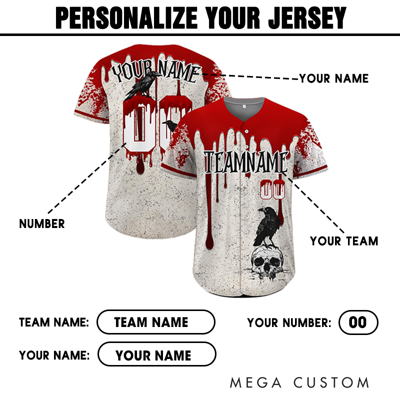 Personalized Halloween Baseball Jersey with Blood Drip and Crow Design and Custom Name