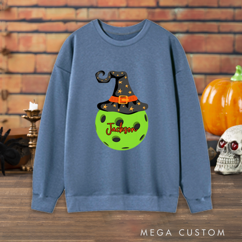 Personalized Halloween Pickleball Sweatshirt with Witch Hat and Custom Name Design