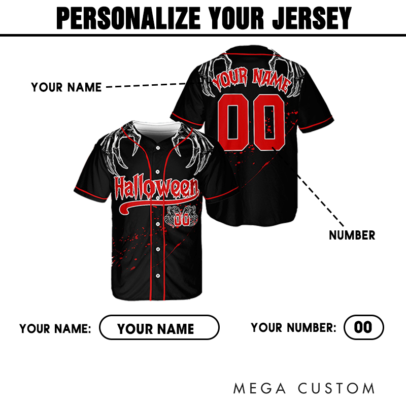 Personalized Skeleton Hand Halloween Baseball Jersey with Custom Name and Number