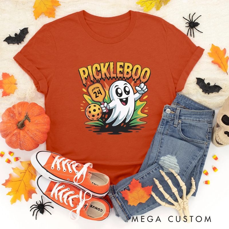 Personalized "Pickleboo" Halloween Pickleball T-Shirt with Customizable Name, Number, and Cute Ghost Design