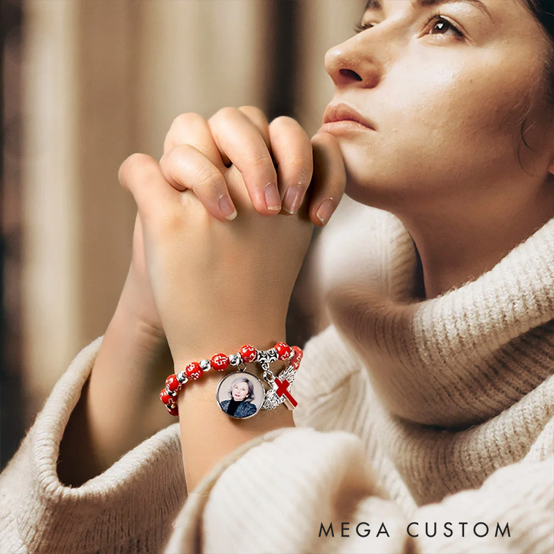 Personalized Cross Elastic Cord Commemorative Bracelet with Photo Religious Christmas Gift for Christian