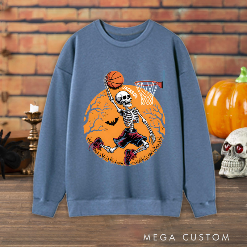 Personalized Halloween Basketball Sweatshirt with Skeleton Dunking Design and Custom Name