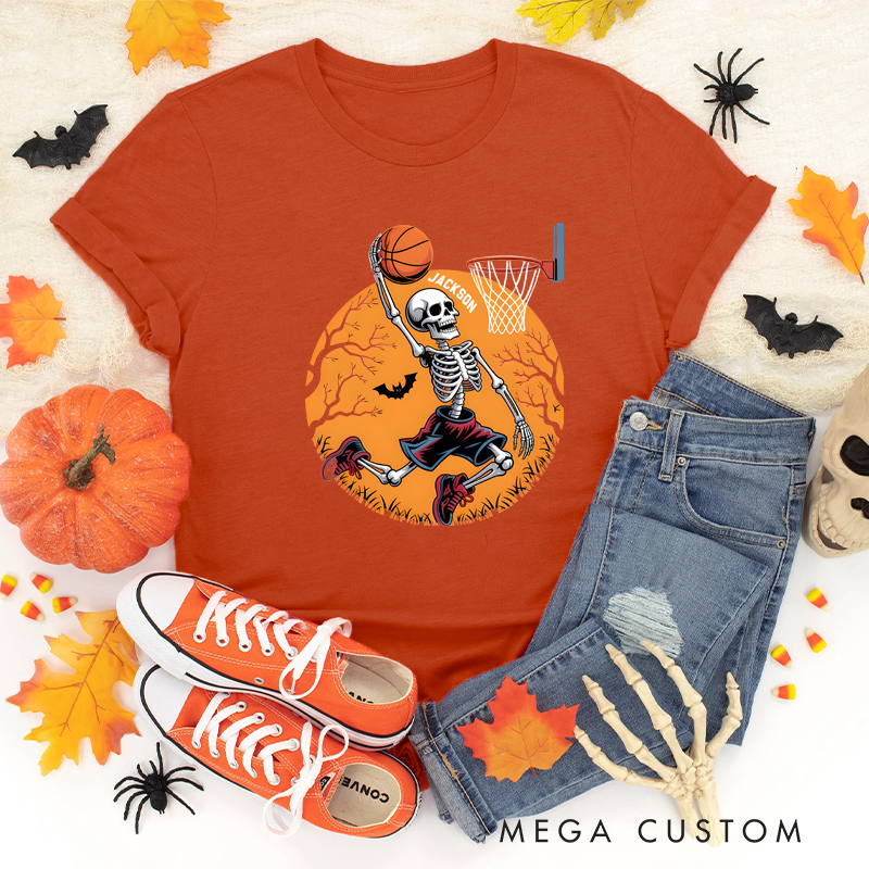Personalized Halloween Basketball T-Shirt with Skeleton Dunking Design and Custom Name