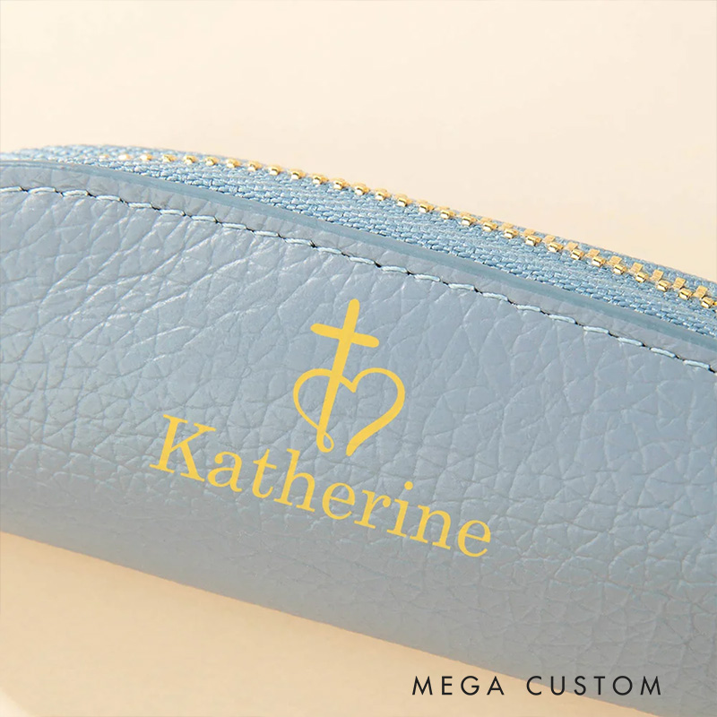 Personalized Cross Multicolor Mini PU Leather Coin Purse Rosary Bag with Name Birthday Religious Baptism Gift for Christians Catholic