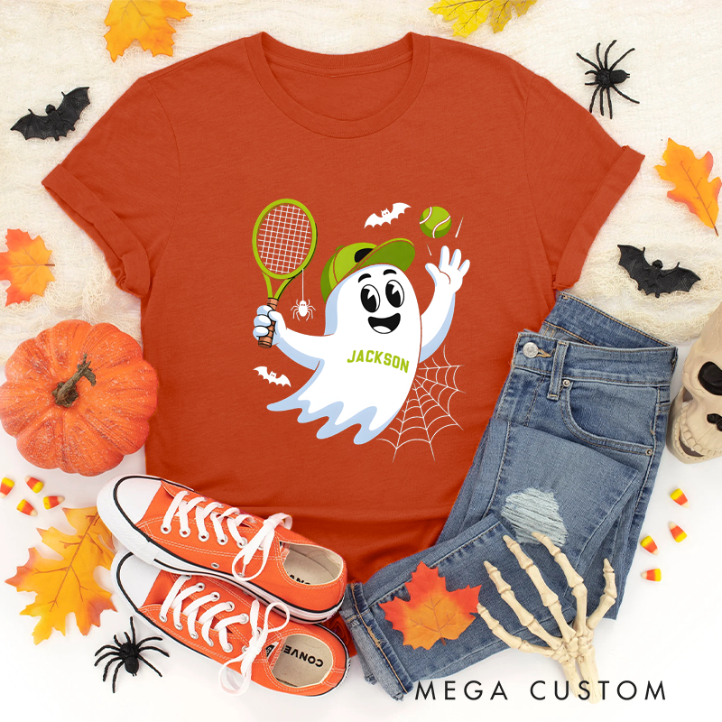 Personalized Halloween Tennis T-Shirt with Cute Ghost and Custom Name Design