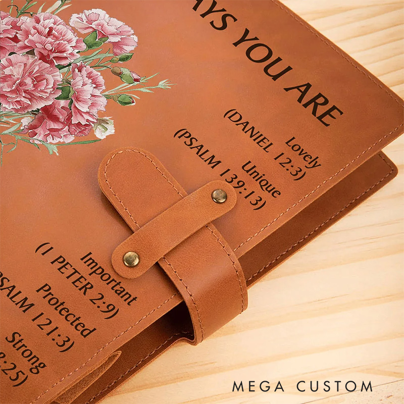 Personalized God Says You Are Bible Birth Flower Portable A5 Leather Notebook Cover with Pocket Birthday Inspirational Gift for Women Students