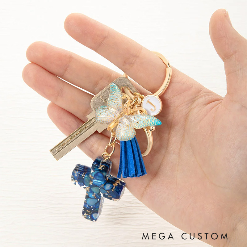 Personalized Gradient Butterfly Cross Charm Keychain with Initial and Tassel Prayer Religious Birthday Gift for Women Christian