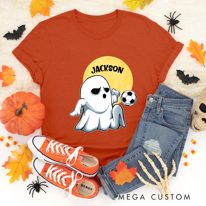 Personalized Halloween Soccer T-Shirt with Cute Ghost and Custom Name Design