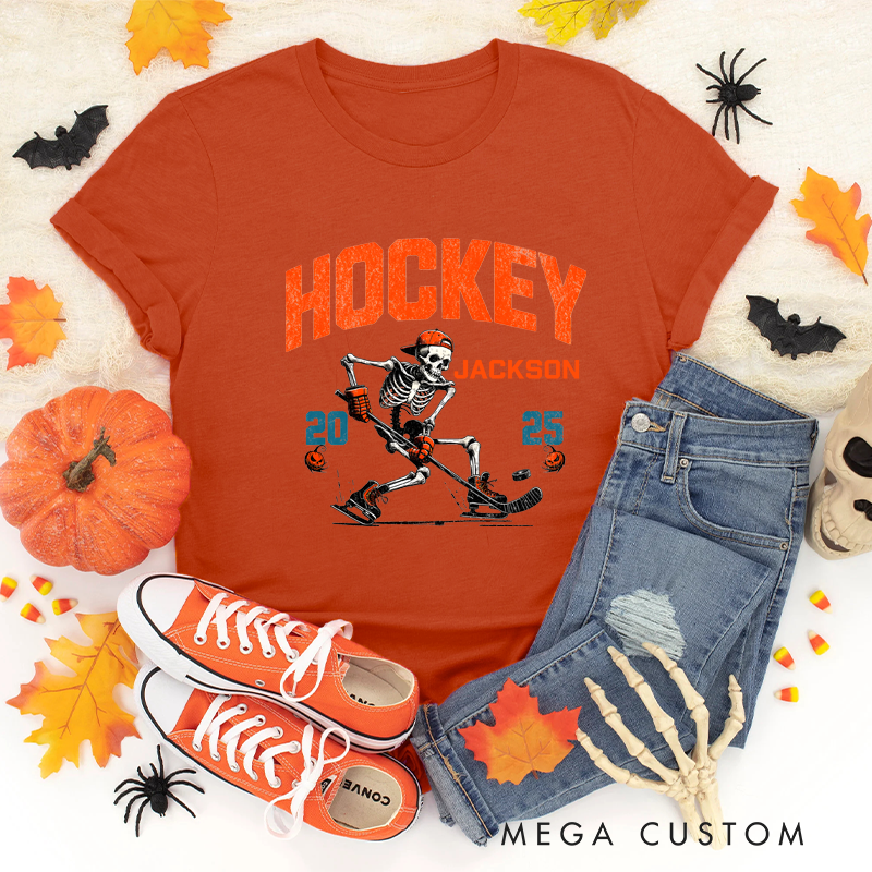 Personalized Halloween Hockey T-Shirt with Skeleton, Custom Name, and Year Design