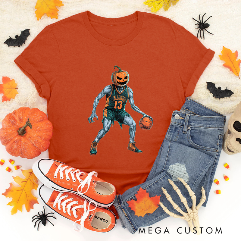Personalized Halloween Basketball T-Shirt with Pumpkin-Head Player and Customizable Number Design