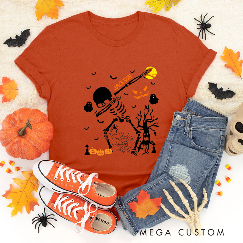 Personalized Halloween Softball T-Shirt with Skeleton, Bat, Custom Name, and Number Design