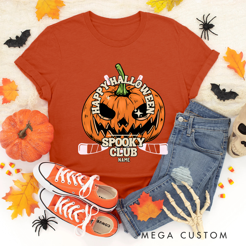 Personalized Halloween Hockey T-Shirt with Pumpkin Face and Custom Club Name Design