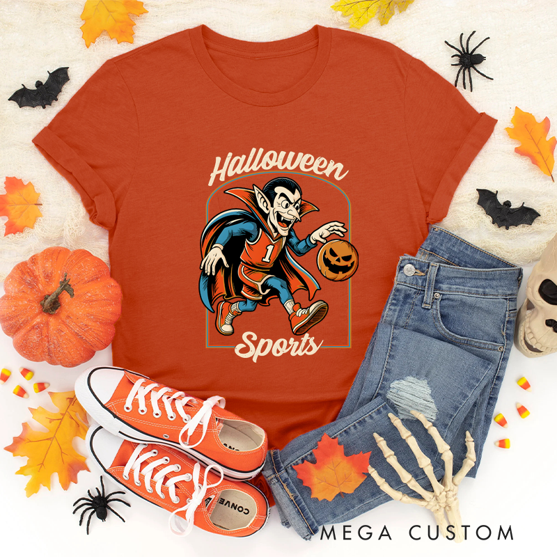 Personalized Halloween Basketball T-Shirt with Vampire, Pumpkin Ball, and Custom Number Design