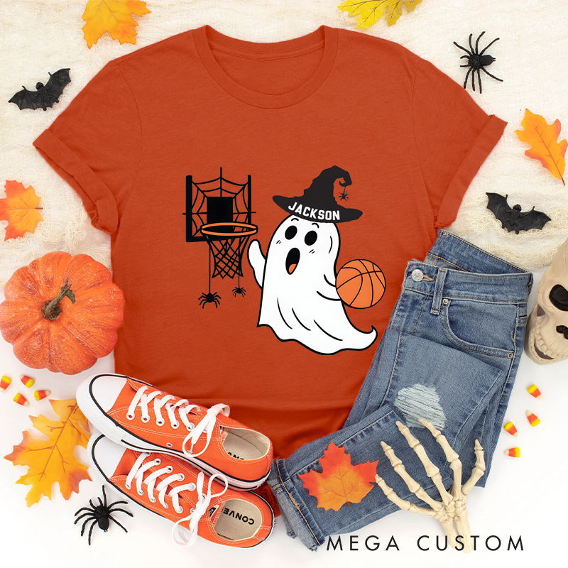 Personalized Halloween Basketball T-Shirt with Ghost, Hoop, and Custom Name Design
