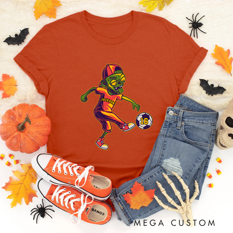 Personalized Halloween Soccer T-Shirt with Zombie Player, Custom Name, and Number Design