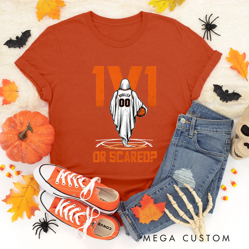 Personalized Halloween Basketball T-Shirt with Ghost Player, Custom Name, and Number Design