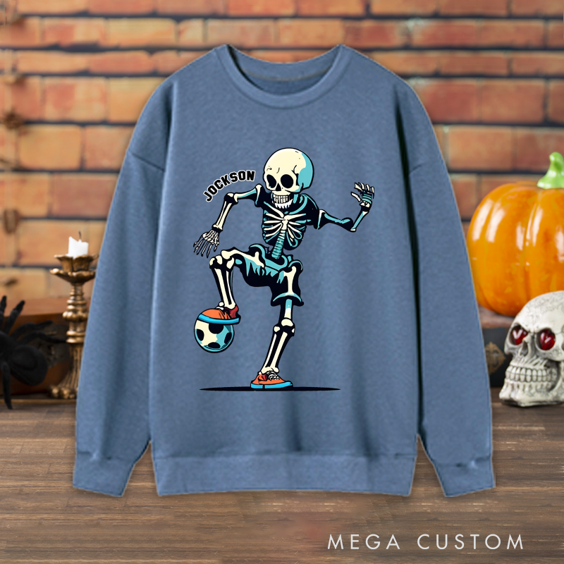 Personalized Halloween Soccer Sweatshirt with Skeleton Player and Custom Name Design