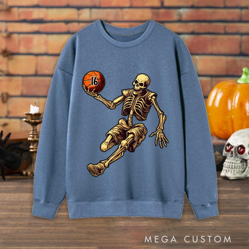 Personalized Halloween Basketball Sweatshirt with Skeleton Player and Custom Number Design