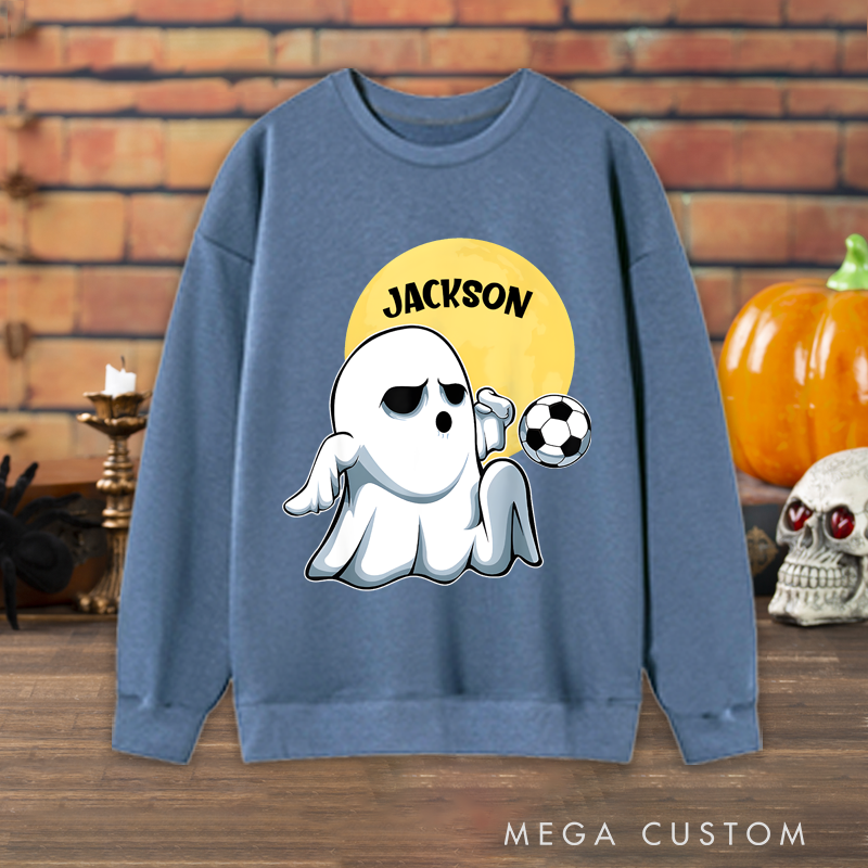Personalized Halloween Soccer Sweatshirt with Ghost Player and Custom Name Design
