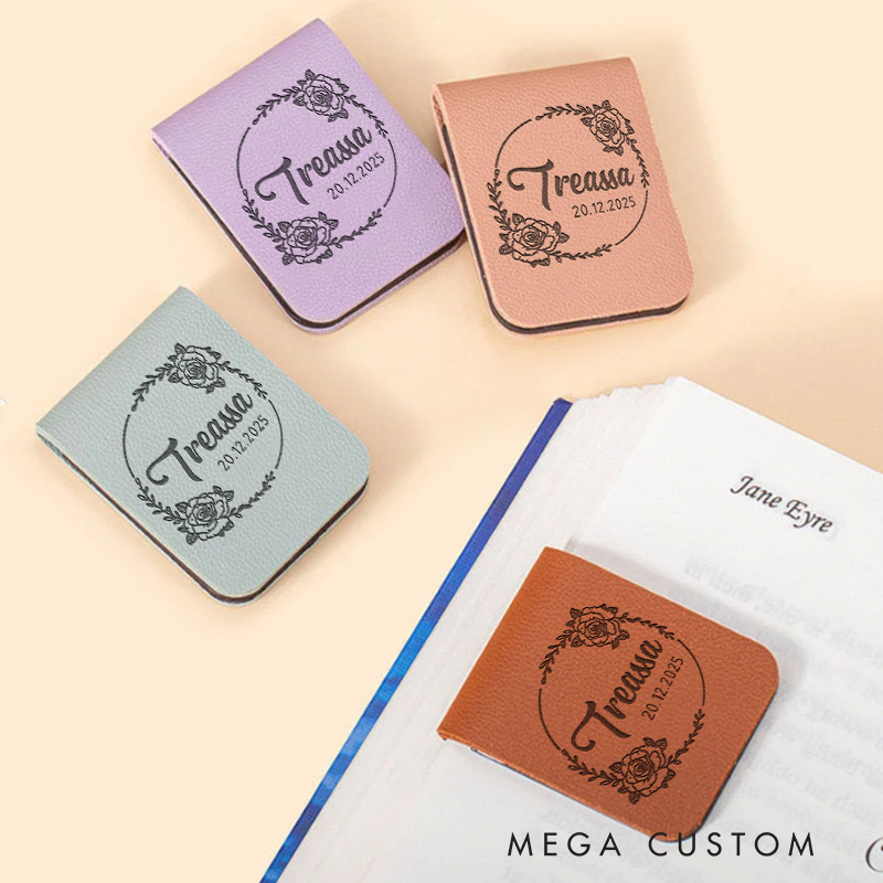 Personalized Floral Magnetic Bookmark Engraved Leather Bookmark Clip with Name Book Lover Gift Bookish Gift Reader Gift Librarian Gift