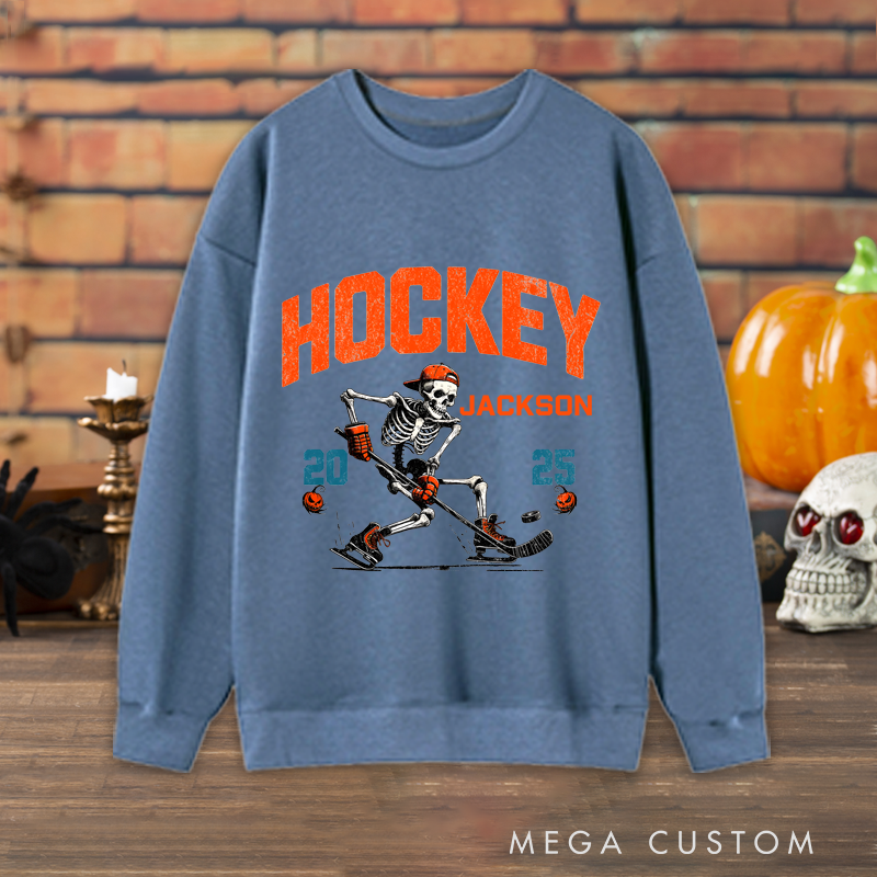 Personalized Halloween Hockey Sweatshirt with Skeleton Player, Custom Name, and Year Design