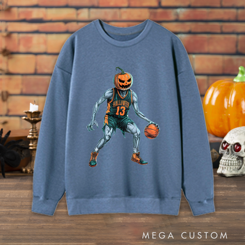 Personalized Halloween Basketball Sweatshirt with Pumpkin Head Player and Custom Number Design