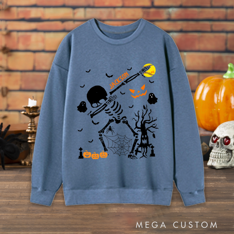 Personalized Halloween Lacrosse Sweatshirt with Skeleton Player, Custom Name, and Number Design