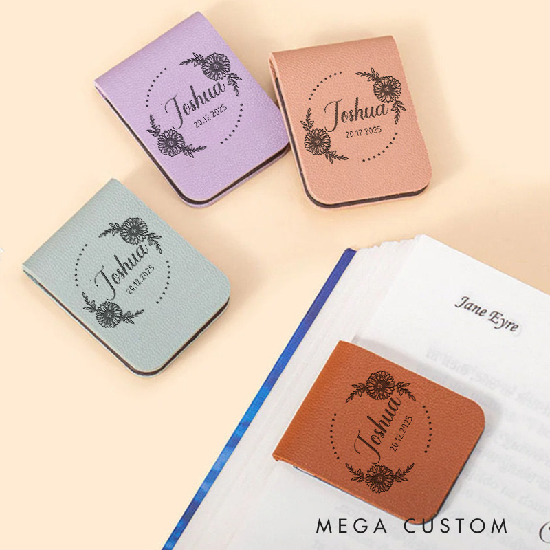 Personalized Flower Wreath Magnetic Bookmark Clip Engraved Leather Bookmark with Name Book Lover Bookmark Librarian Gift Reading Lover Gift Bookish Gift 