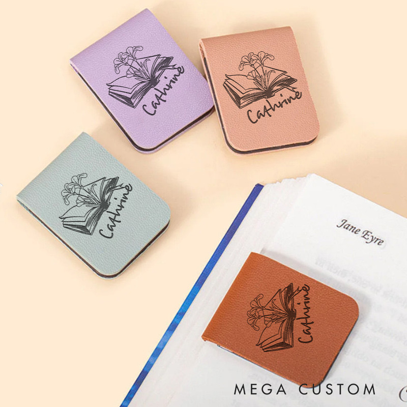 Personalized Floral Magnetic Bookmark Clip Engraved Leather Bookmark with Name Library Bookmark Bookish Bookmark Librarian Gift Reading Gift Book Lover Gift 