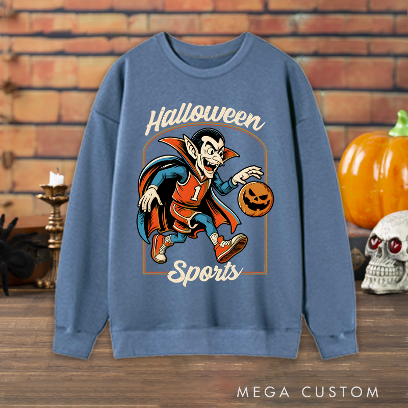 Personalized Halloween Sports Basketball Sweatshirt with Vampire Player, Pumpkin Ball, and Custom Number Design