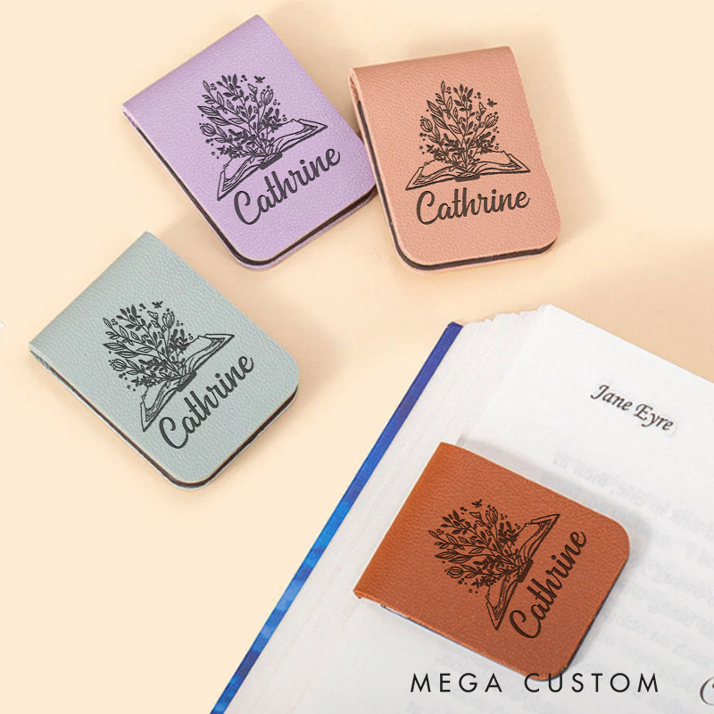 Personalized Book and Flower Magnetic Bookmark Engraved Leather Bookmark Clip with Name Bookish Bookmark Gift Librarian Gift Reading Gift Book Lover Gift 