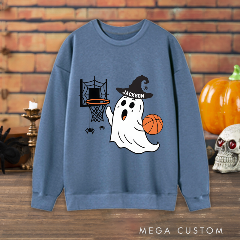 Personalized Halloween Ghost Basketball Sweatshirt with Custom Name and Spooky Hoop Design