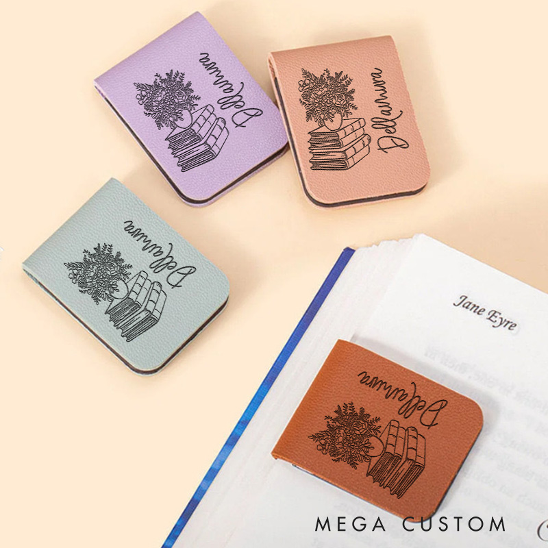Personalized Book and Vase Flower Magnetic Bookmark Leather Bookmark Clip with Name Librarian Bookmark Book Lover Gift for Reader 