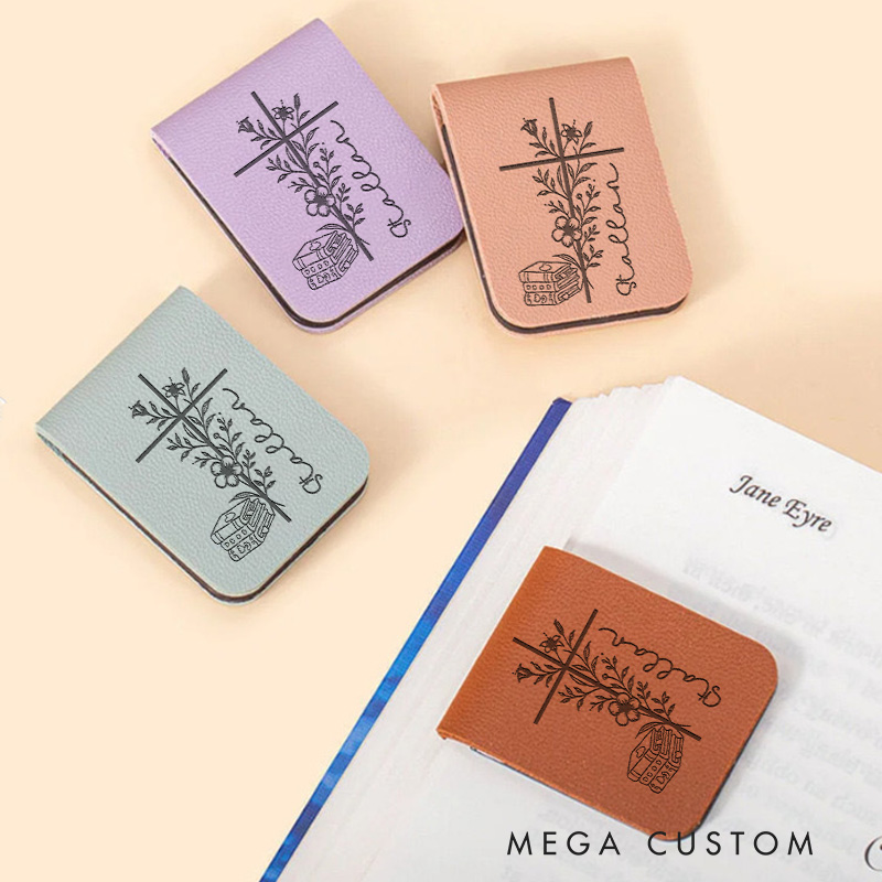 Personalized Book and Flower Cross Magnetic Bookmark Engraved Leather Bookmark Clip with Name Book Lover Gift for Librarian Gift