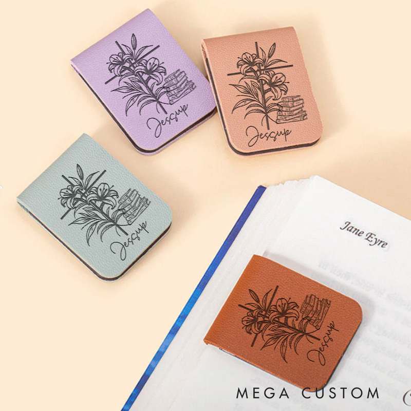 Personalized Book and Flower Cross Magnetic Bookmark  with Name Engraved Leather Bookmark Clip Book Lover Gift for Librarian Gift