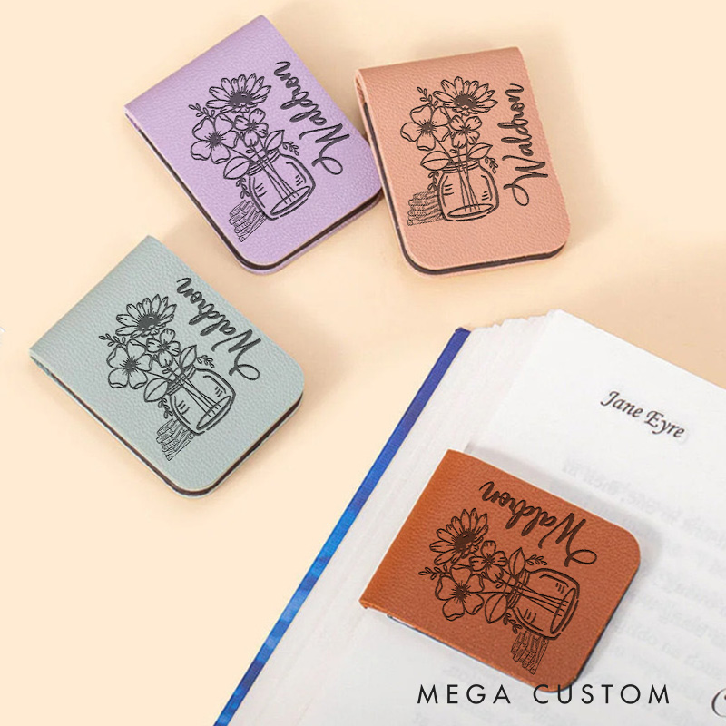 Personalized Vase and Book Magnetic Bookmark with Name Engraved Leather Bookmark Clip for Her Book Lover Gift for Librarian Gift