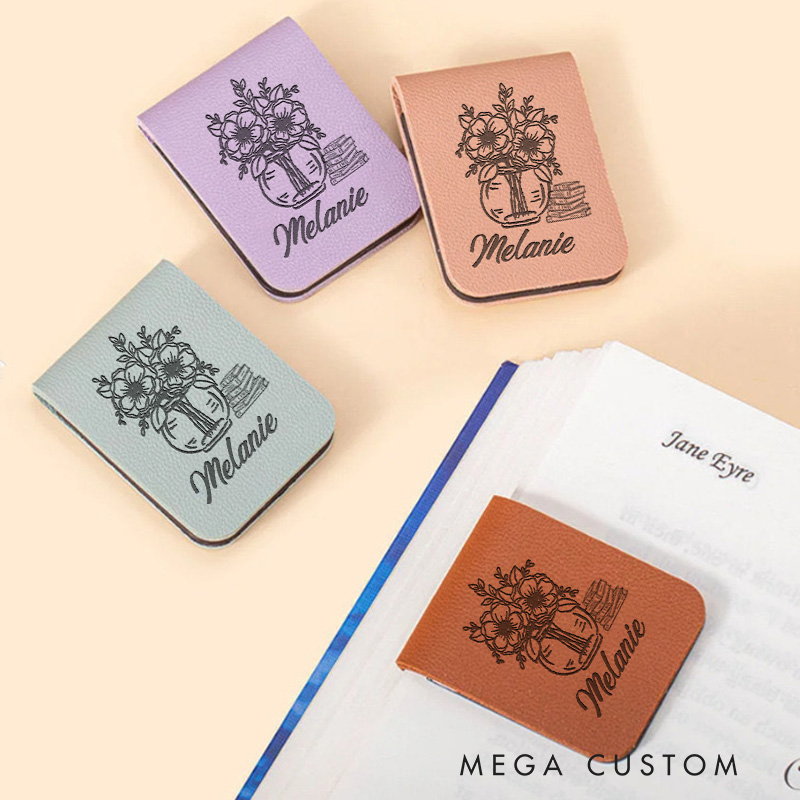 Personalized Vase and Book Magnetic Bookmark with Name Leather Bookmark Clip for Her Book Lover Gift for Bookish Gift