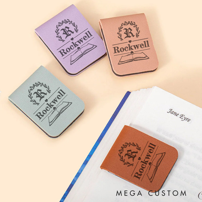 Personalized Initial Floral and Book Magnetic Bookmark Engraved Leather Bookmark Clip with Name Book Lover Gift for Reader Gift Bookish Gift