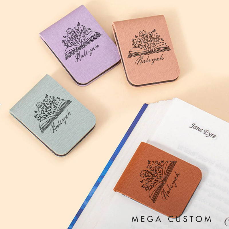 Personalized Flower Book and Butterfly Magnetic Bookmark Engraved Leather Bookmark Clip with Name Bookmark for Book Lover Gift for Librarian Gift