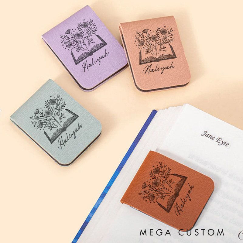 Personalized Flower Book Magnetic Bookmark with Name Engraved Leather Bookmark Clip Bookmark for Women Book Lover Gift for Librarian Gift
