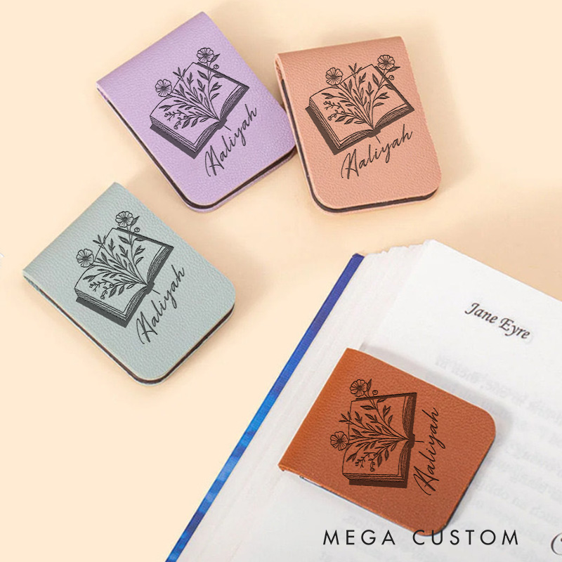 Personalized Book Flower Magnetic Bookmark with Name Engraved Leather Bookmark Clip for Women Book Lover Gift for Librarian Gift
