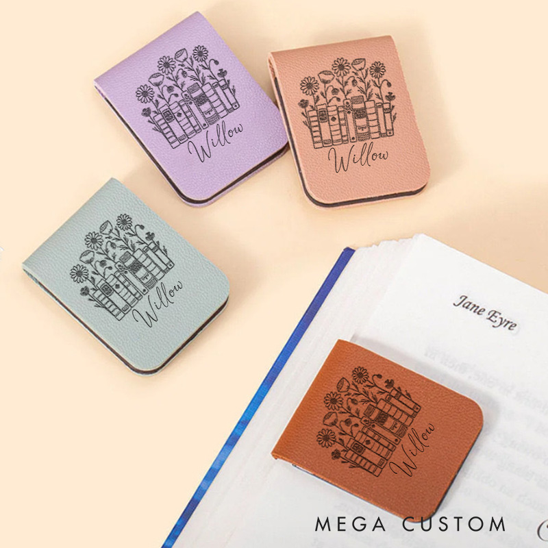 Personalized Flower and Book Magnetic Bookmark Engraved Leather Bookmark Clip with Name Women Bookmark Book Lover Gift for Reading Gift