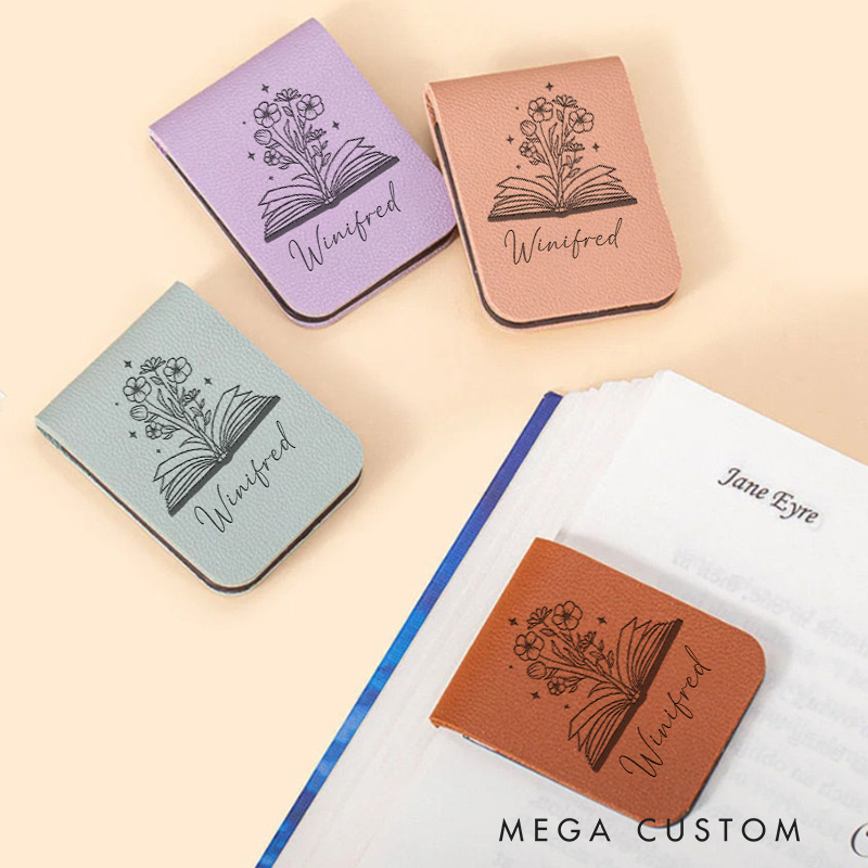Personalized Book and Flower Magnetic Bookmark Engraved Leather Bookmark Clip with Name Women Bookmark Book Lover Gift for Librarian Gift